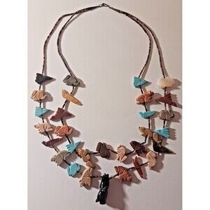 Zuni Fetish Heishi Two Stranded  Multi-stone Necklace Black Bear Pendant Vintage